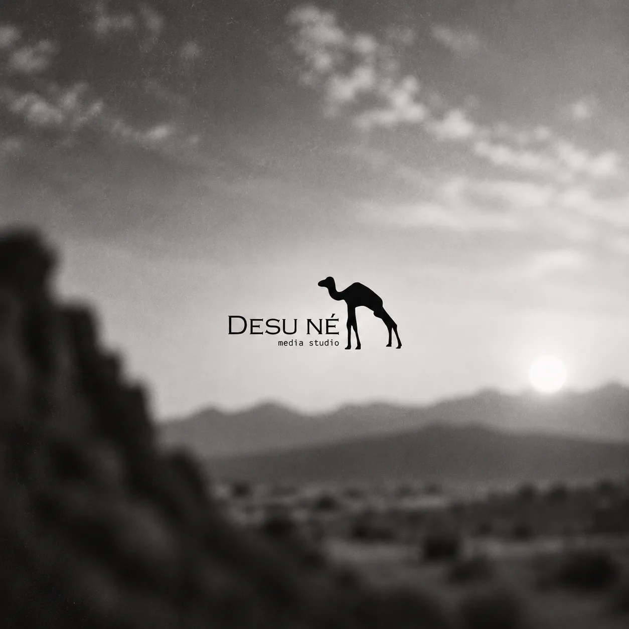 Desu Né Media Studio black camel logo and wordmark centred over a grainy black-and-white desert landscape, with blurred mountains, dramatic clouds, and a glowing sun near the horizon.