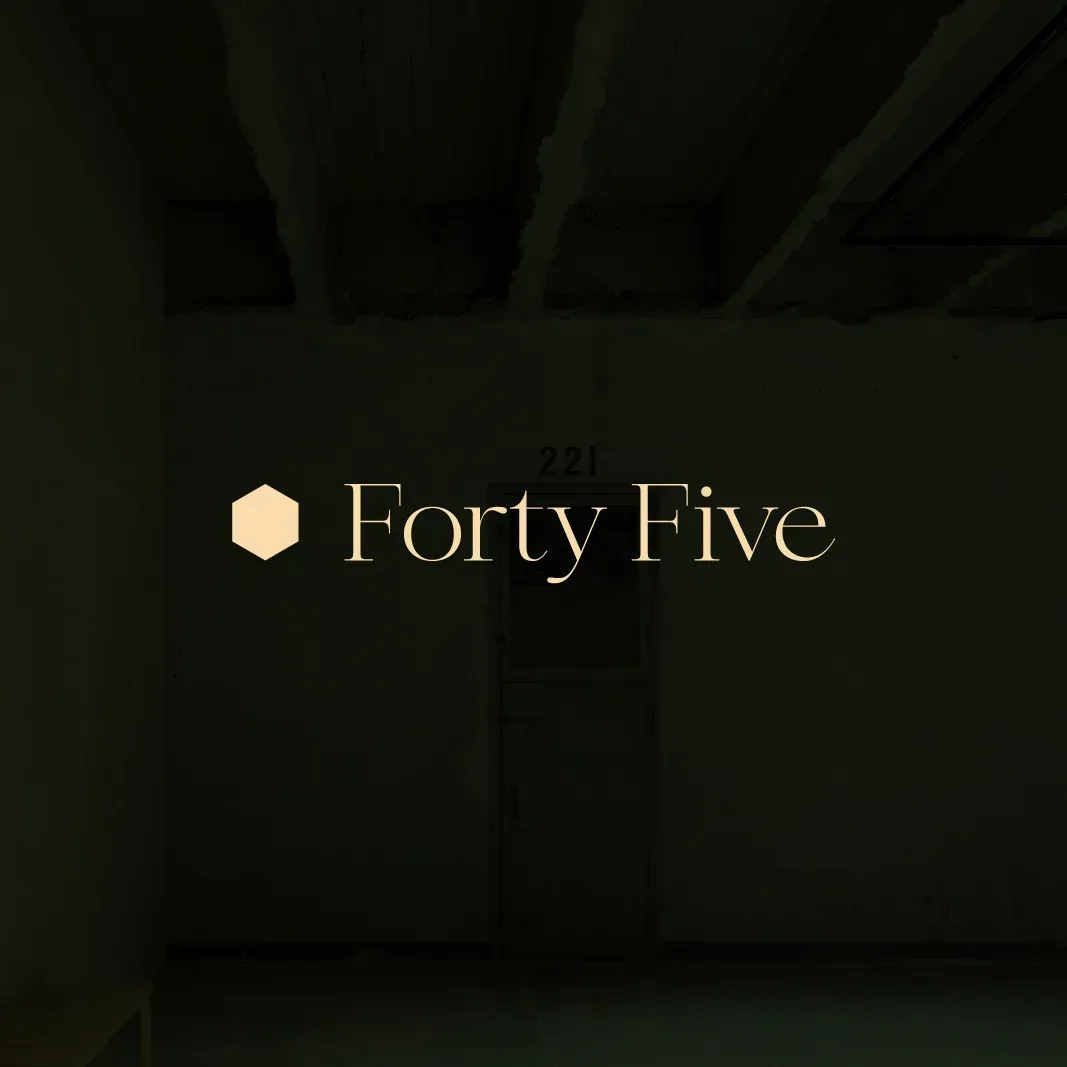 Forty Five Architects cream-coloured serif logo and hexagonal symbol over a dark architectural interior with a concrete ceiling and central doorway.