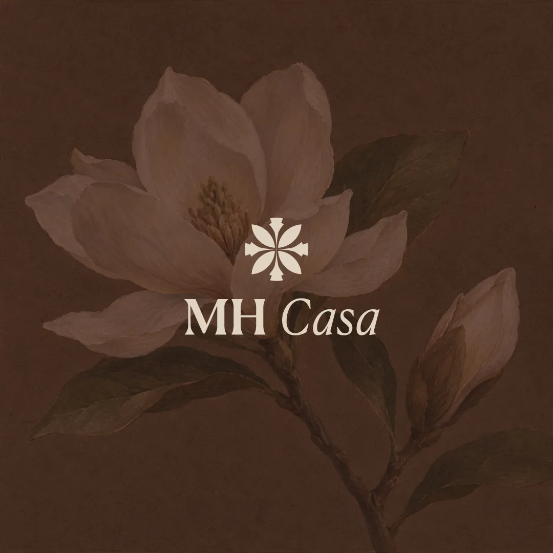 MH Casa cream logo over a muted magnolia painting on a textured, dark brown background.